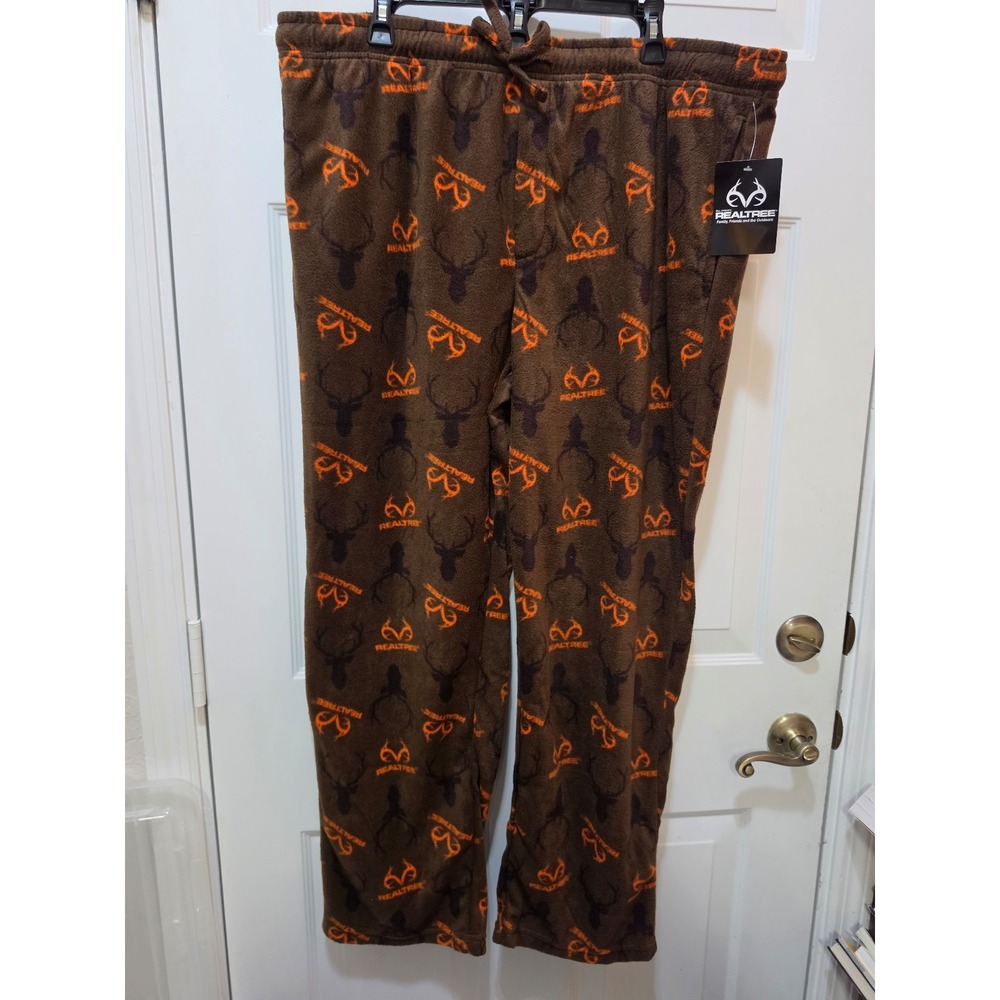 Realtree Men's Fleece Pajama Pants Brown Orange Antler Logo Deer XXL NWT
